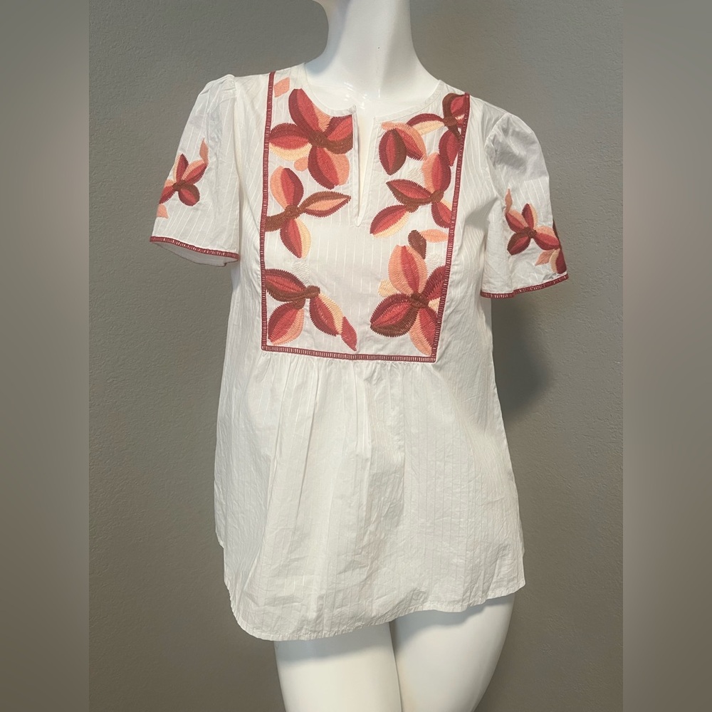 Madewell Women’s V- Neck SS White/ Red Floral Embroidery Top Blouse Size XXS - Picture 2 of 11